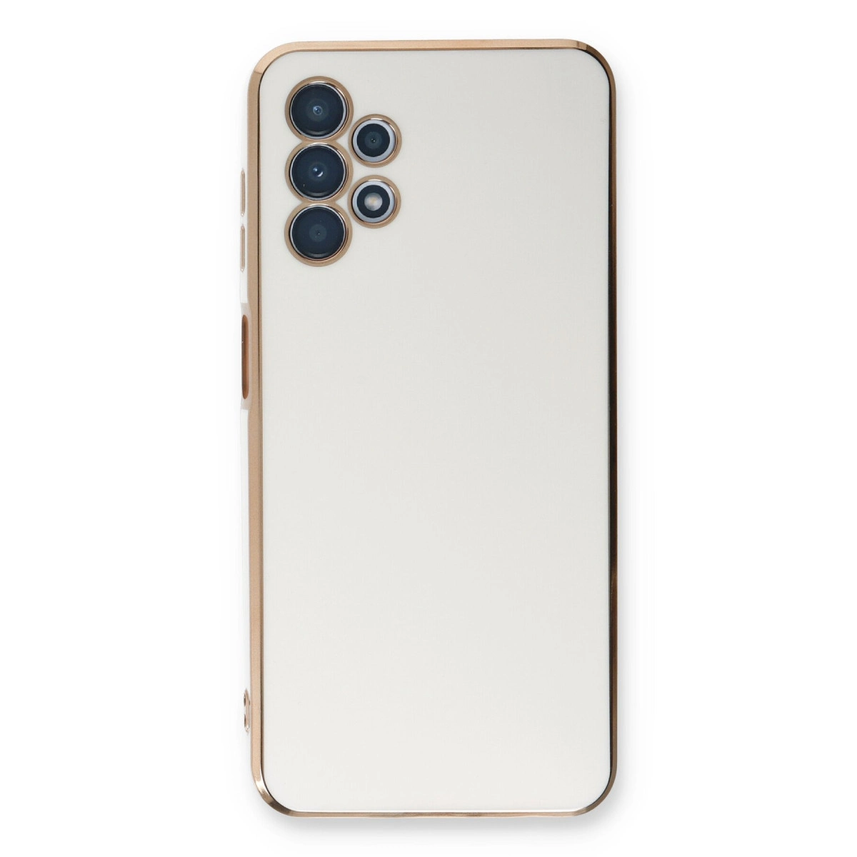 Altın kenarlı ve kamera modüllü beyaz telefon kılıfı.