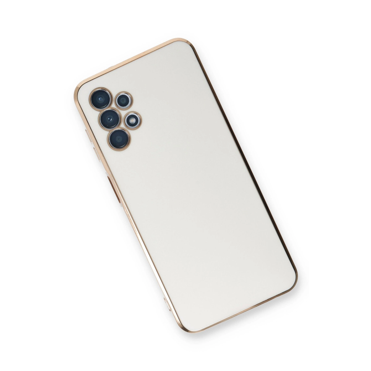 Altın çerçeveli, beş arka kamerası olan beyaz bir akıllı telefon.