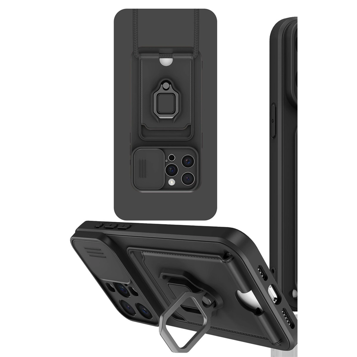 Ayaklıklı, askı aparatlı ve kamera kapaklı siyah telefon kılıfı.