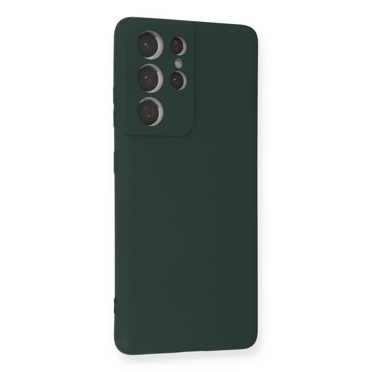 Beş lensli kamera modülüne sahip koyu yeşil telefon kılıfı.