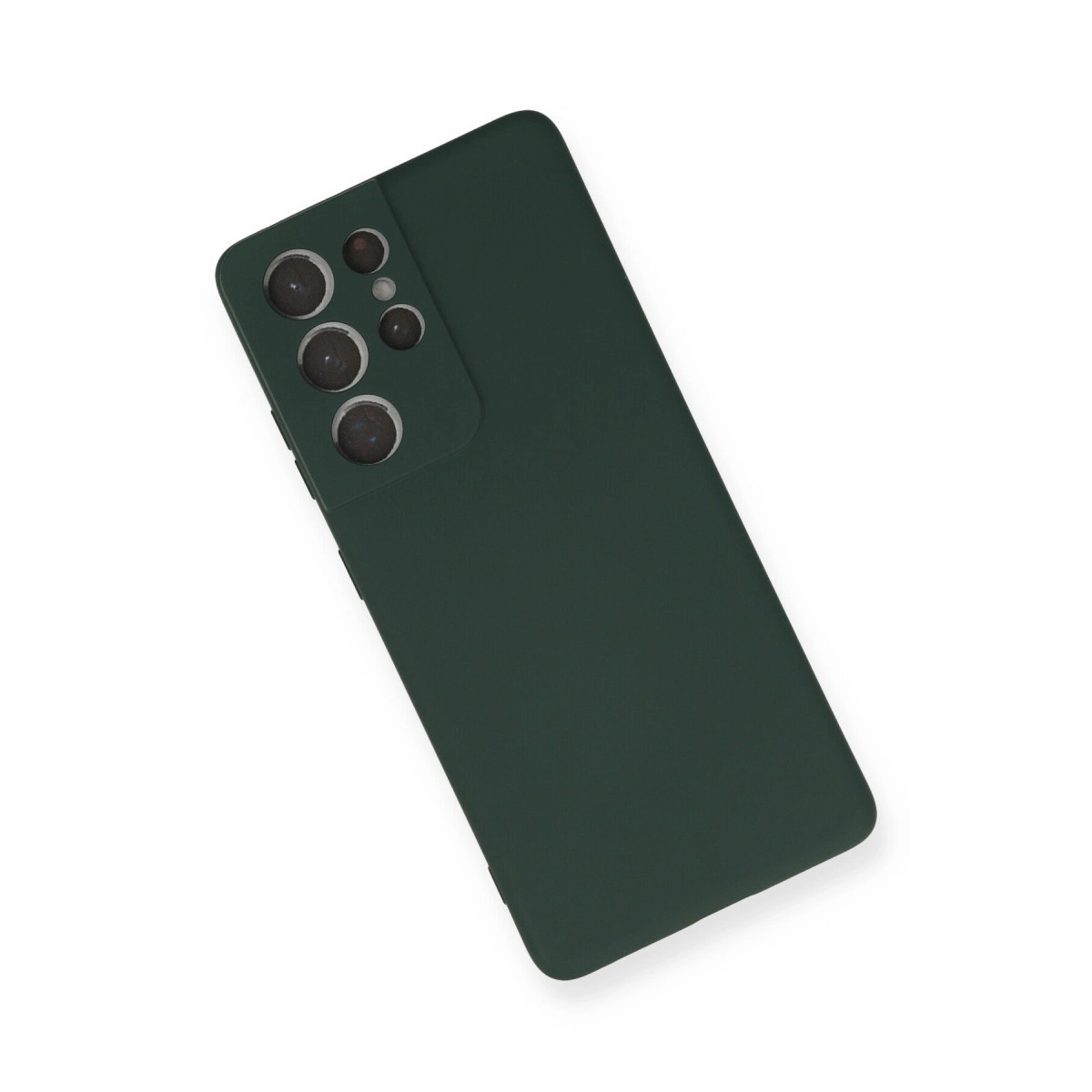 Dört kameralı koyu yeşil telefon kılıfı beyaz arka plan üzerinde.