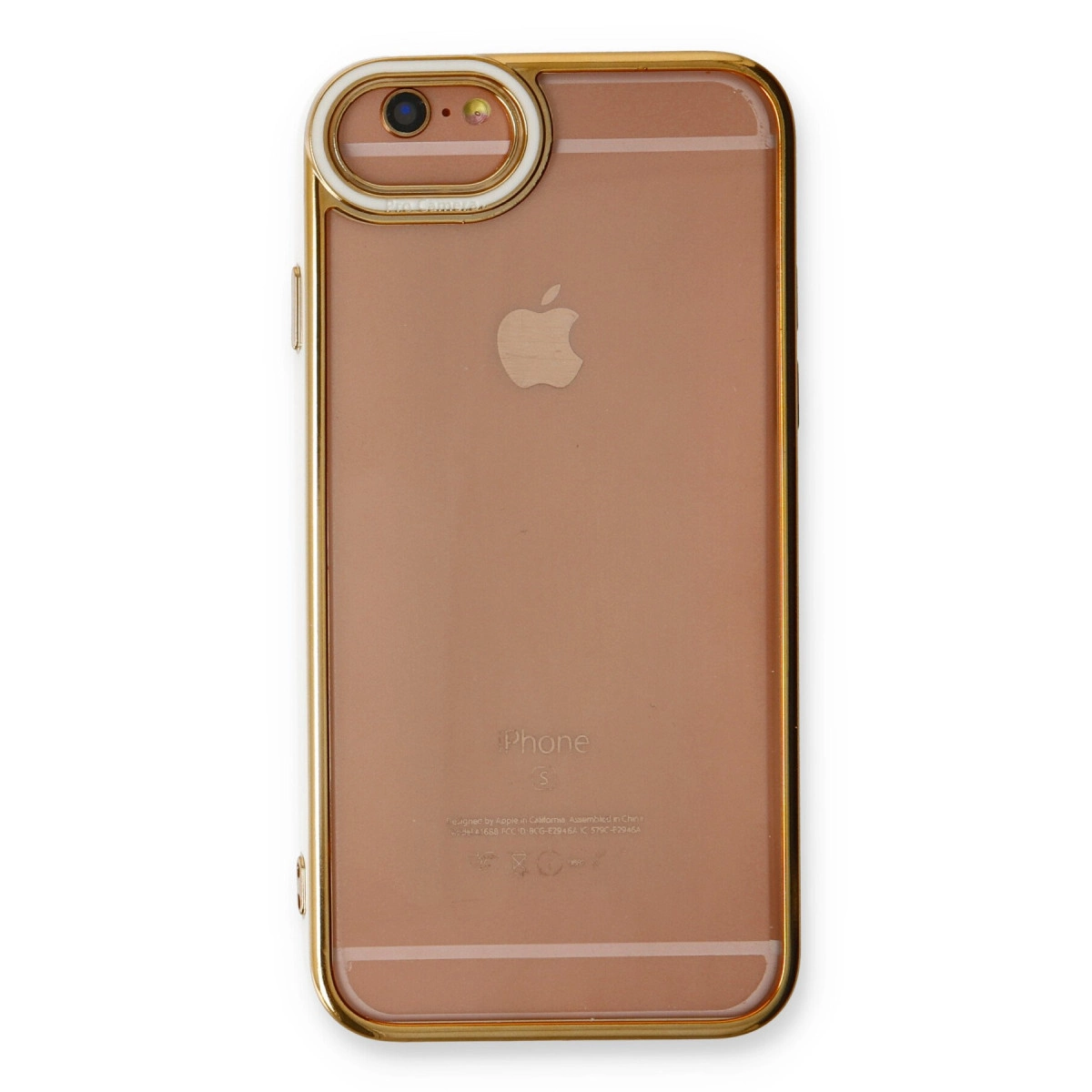 Beyaz arka plan üzerinde altın çerçeveli, gül altın rengi bir iPhone.