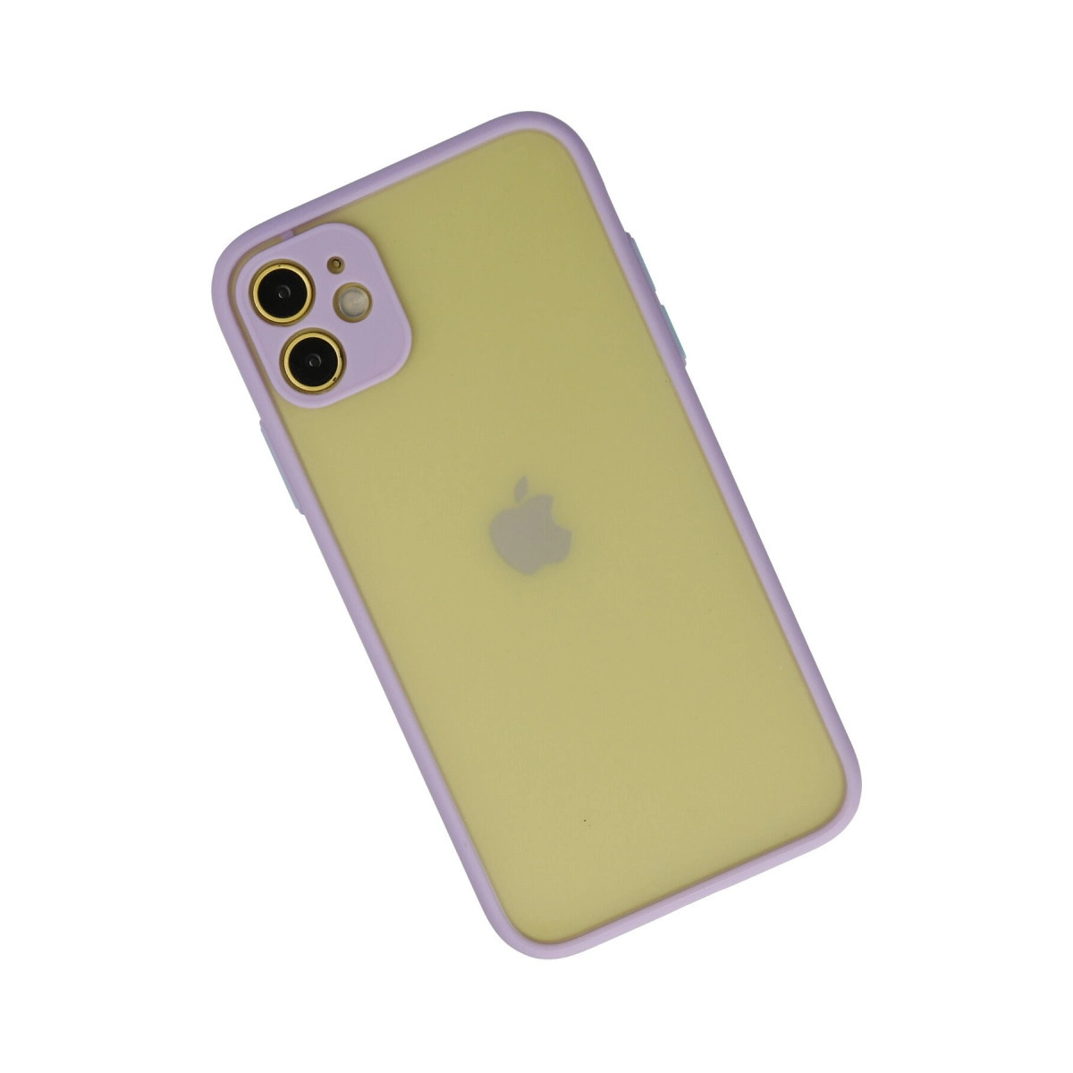 Beyaz arka plan üzerinde mor kenarlı ve iki kameralı sarı iPhone.