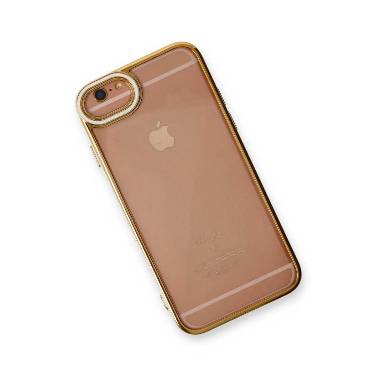 Altın çerçeveli, beyaz arka planda gül altın rengi iPhone.