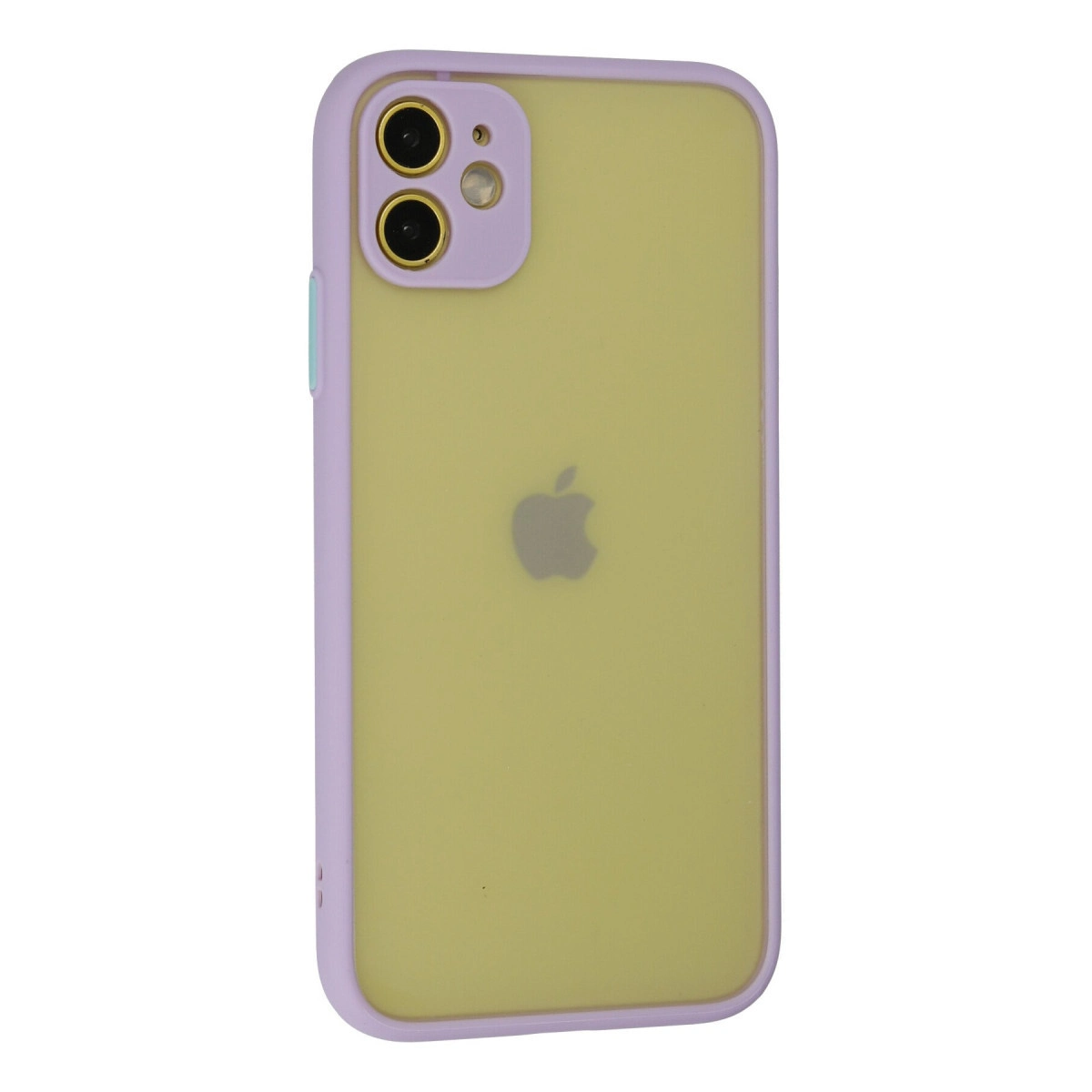 Mor kılıflı, iki kameralı sarı iPhone. Apple logosu görünür durumda.