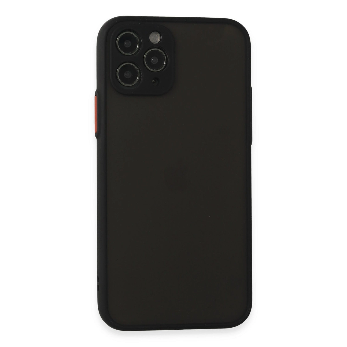 Kamera oyuntulu ve turuncu düğmeli koyu gri telefon kılıfı.