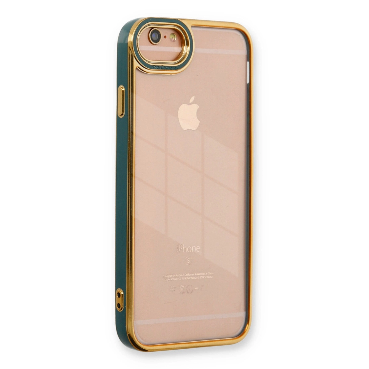 Kamera kesimli altın ve koyu yeşil iPhone kılıfı.