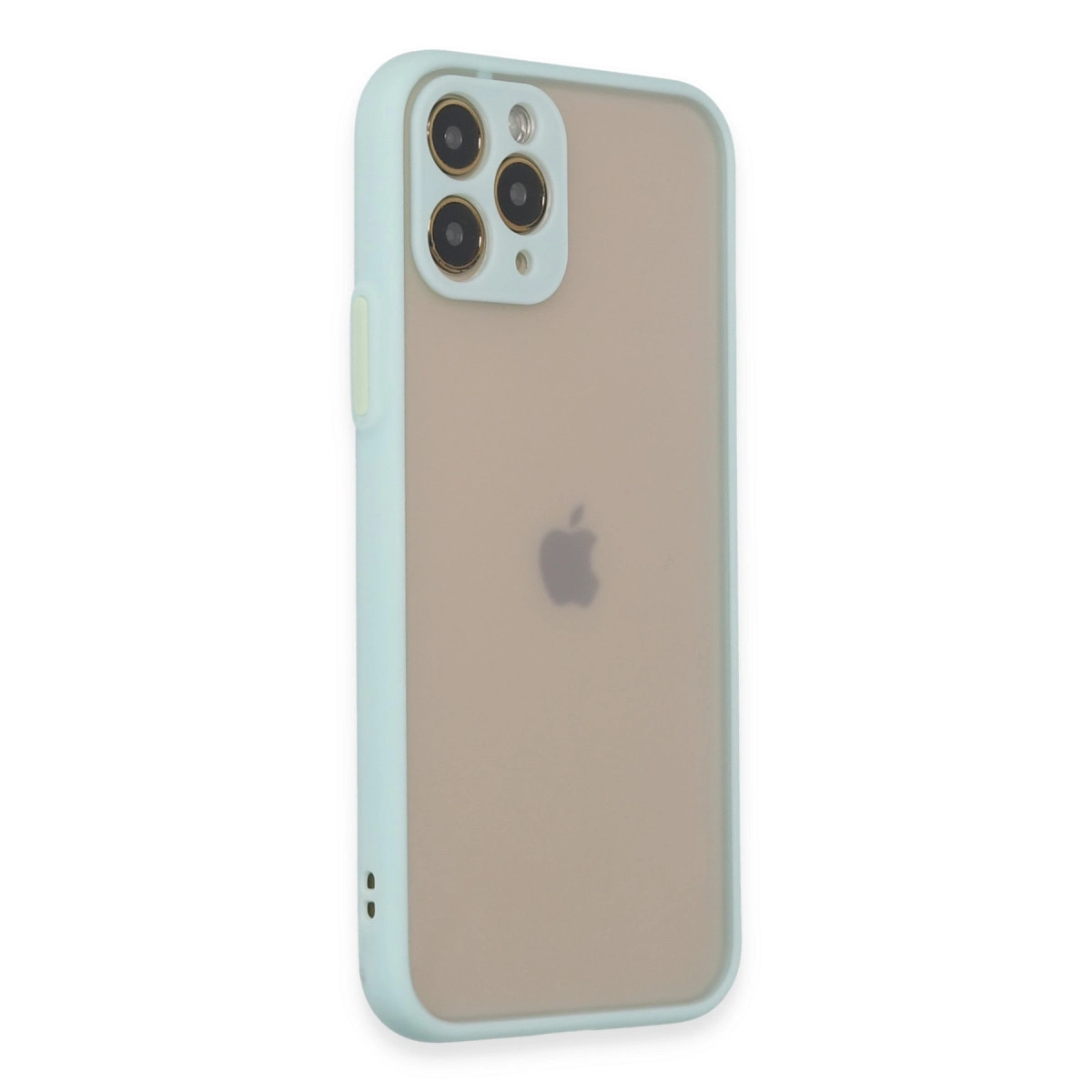 Mat kahverengi arka ve üçlü kamera kurulumuna sahip açık mavi iPhone kılıfı.
