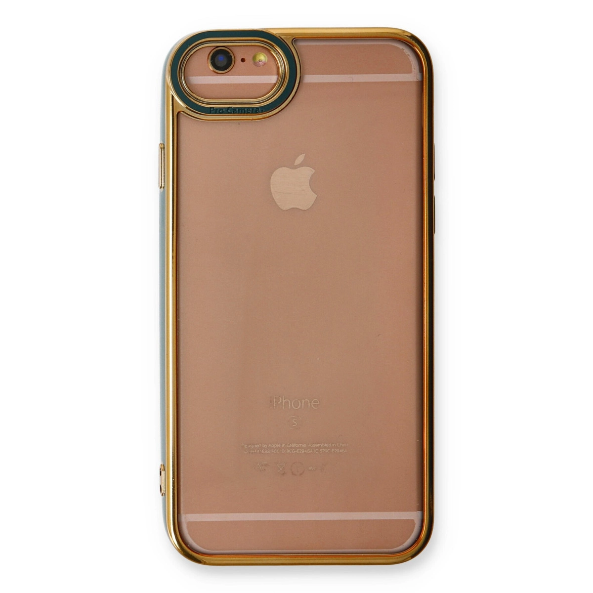 Kamera lensi ve Apple logosu olan altın iPhone kılıfı. Beyaz zeminde.