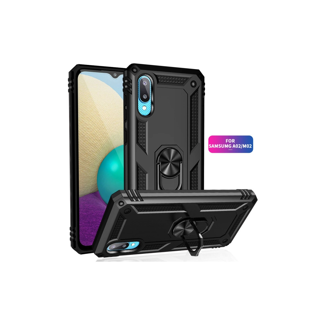 Samsung A02/M02 için halka tutuculu siyah telefon kılıfı.