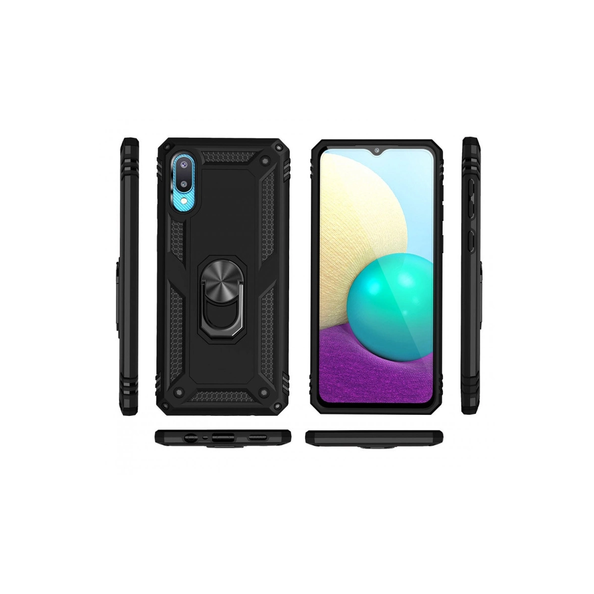 Halkalı tutuculu siyah telefon kılıfı, ön ve arka görünümler.