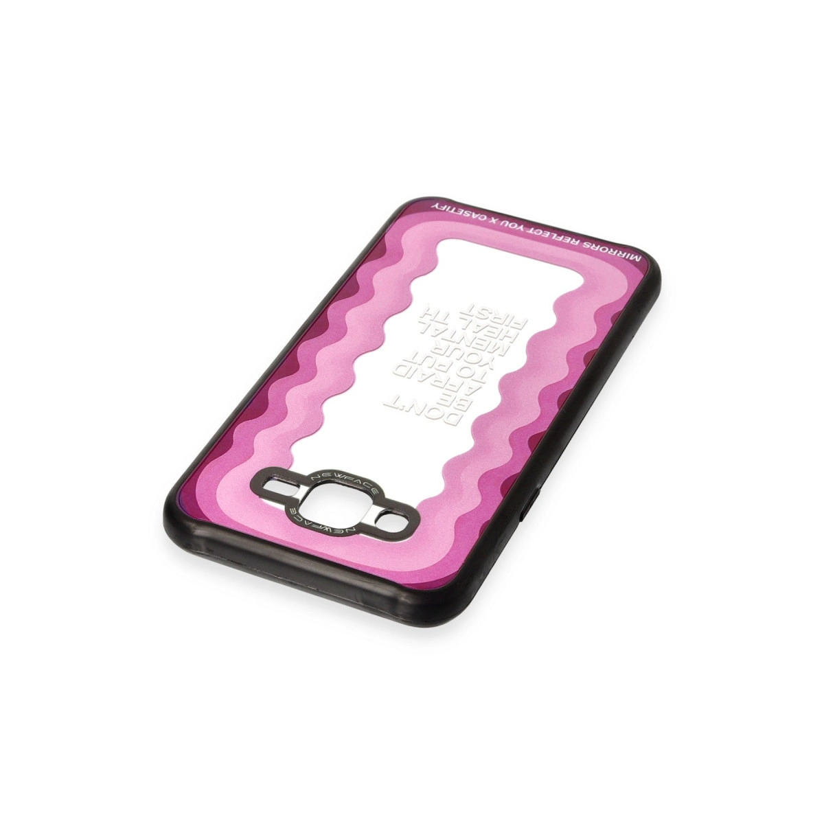 Dalgalı desenli pembe telefon kılıfı ve 'RUH SAĞLIĞINIZI ÖNCELEMEYE KORKMAYIN' yazısı.