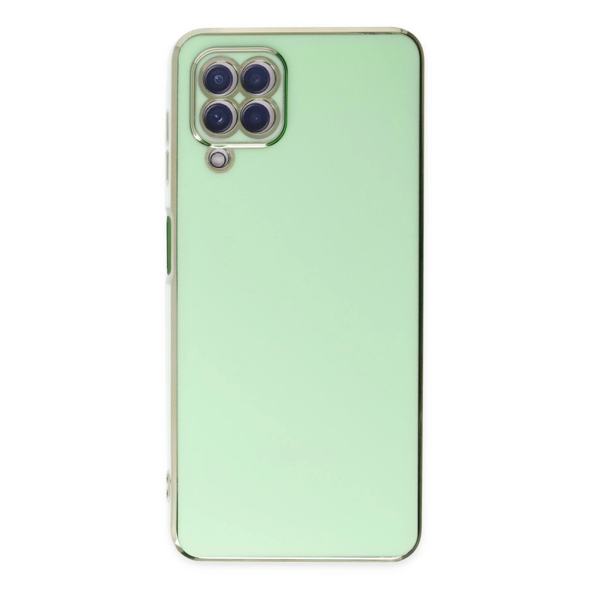 Kare kamera modüllü ve gümüş çerçeveli açık yeşil telefon kılıfı.