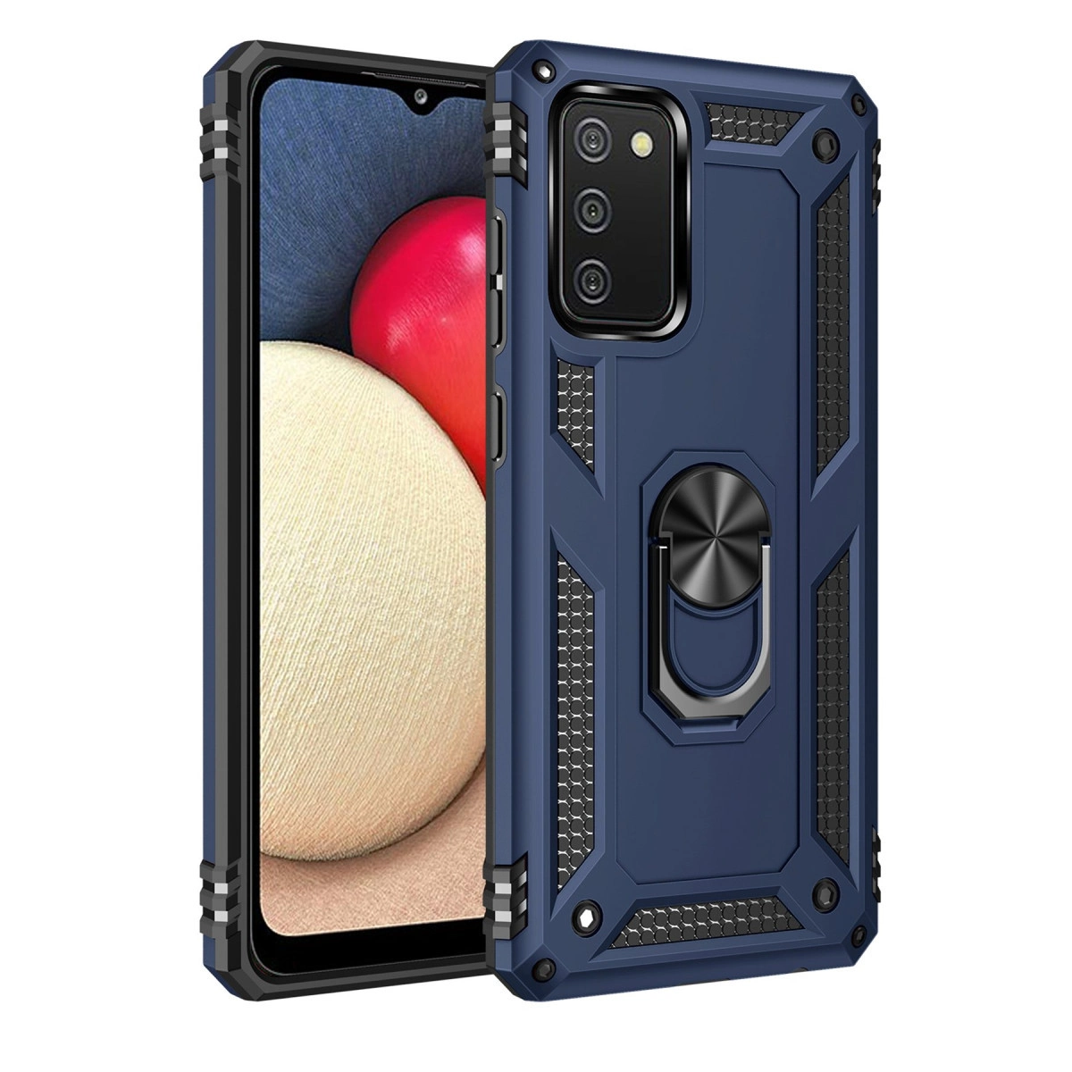Halka tutuculu ve arkada üç kamera lensli lacivert telefon kılıfı.