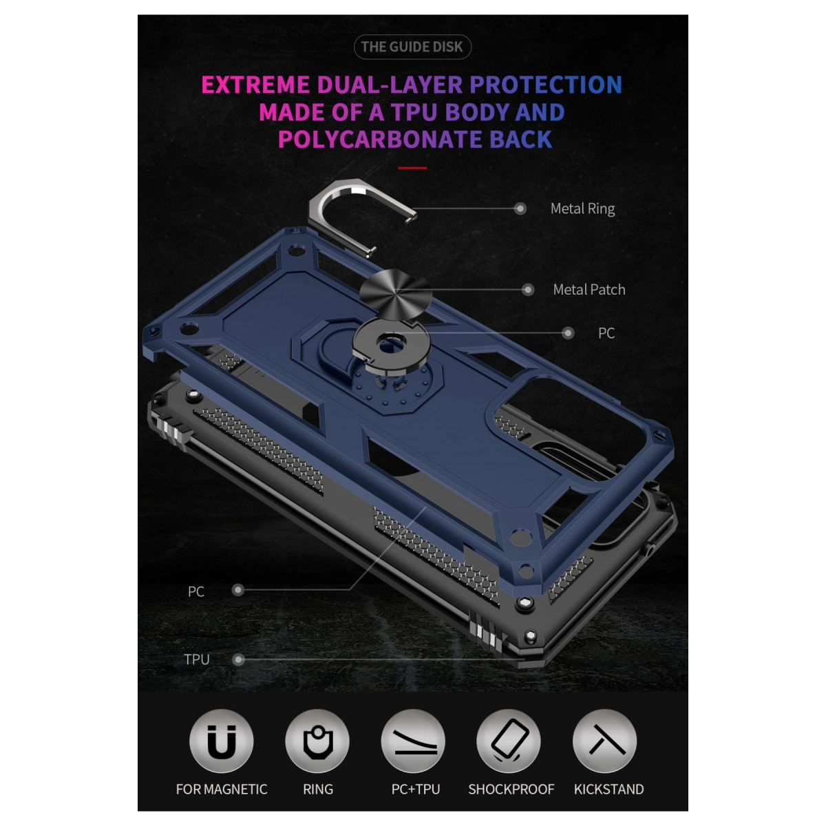 Metal halkalı ve stantlı mavi telefon kılıfının patlatılmış görünümü.