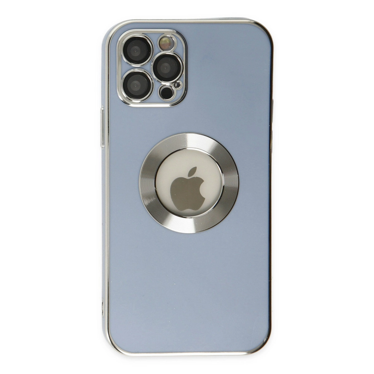 Apple logosu etrafında halka bulunan, üç kameralı açık mavi iPhone.