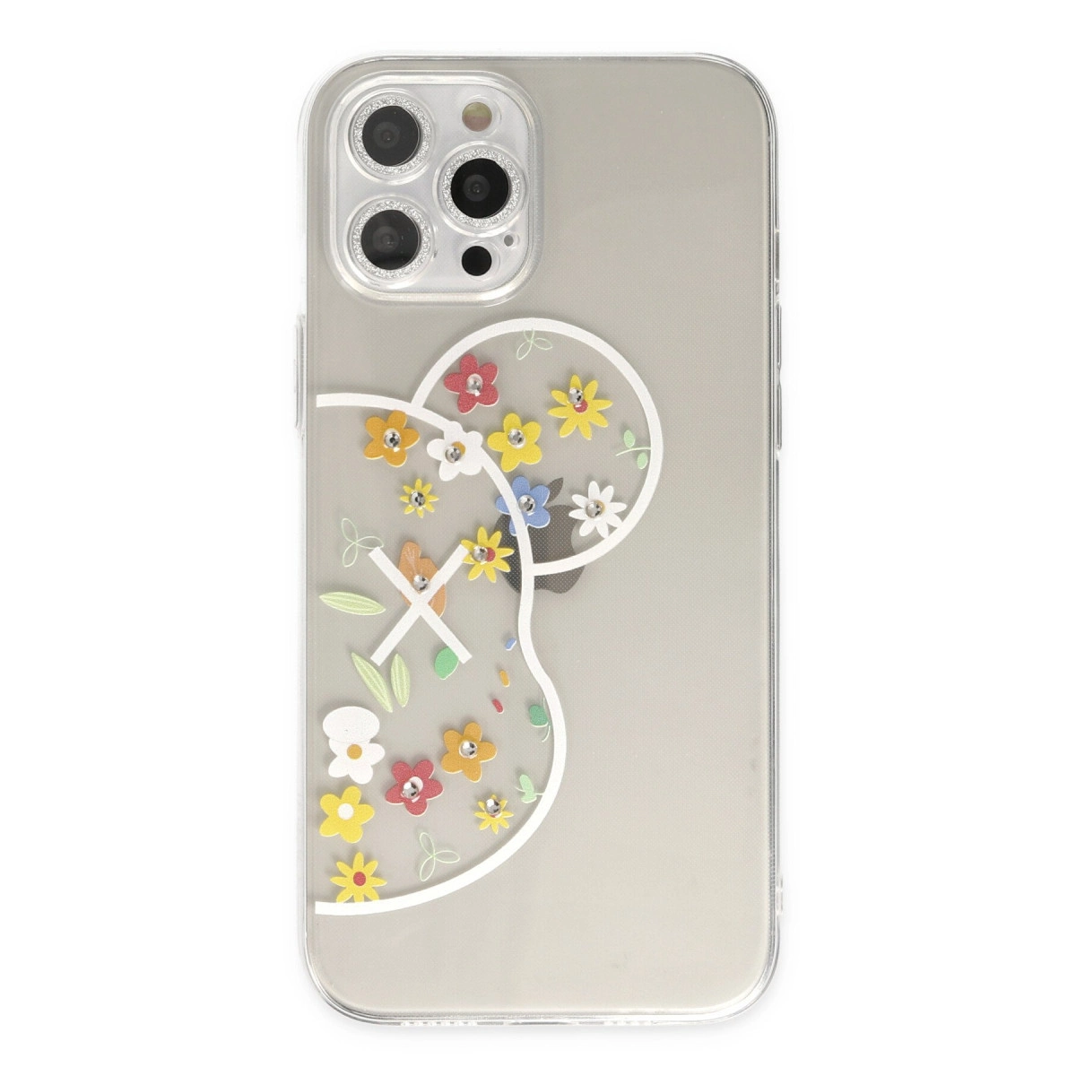 Çiçek desenli ve kamera lensli şeffaf telefon kılıfı.