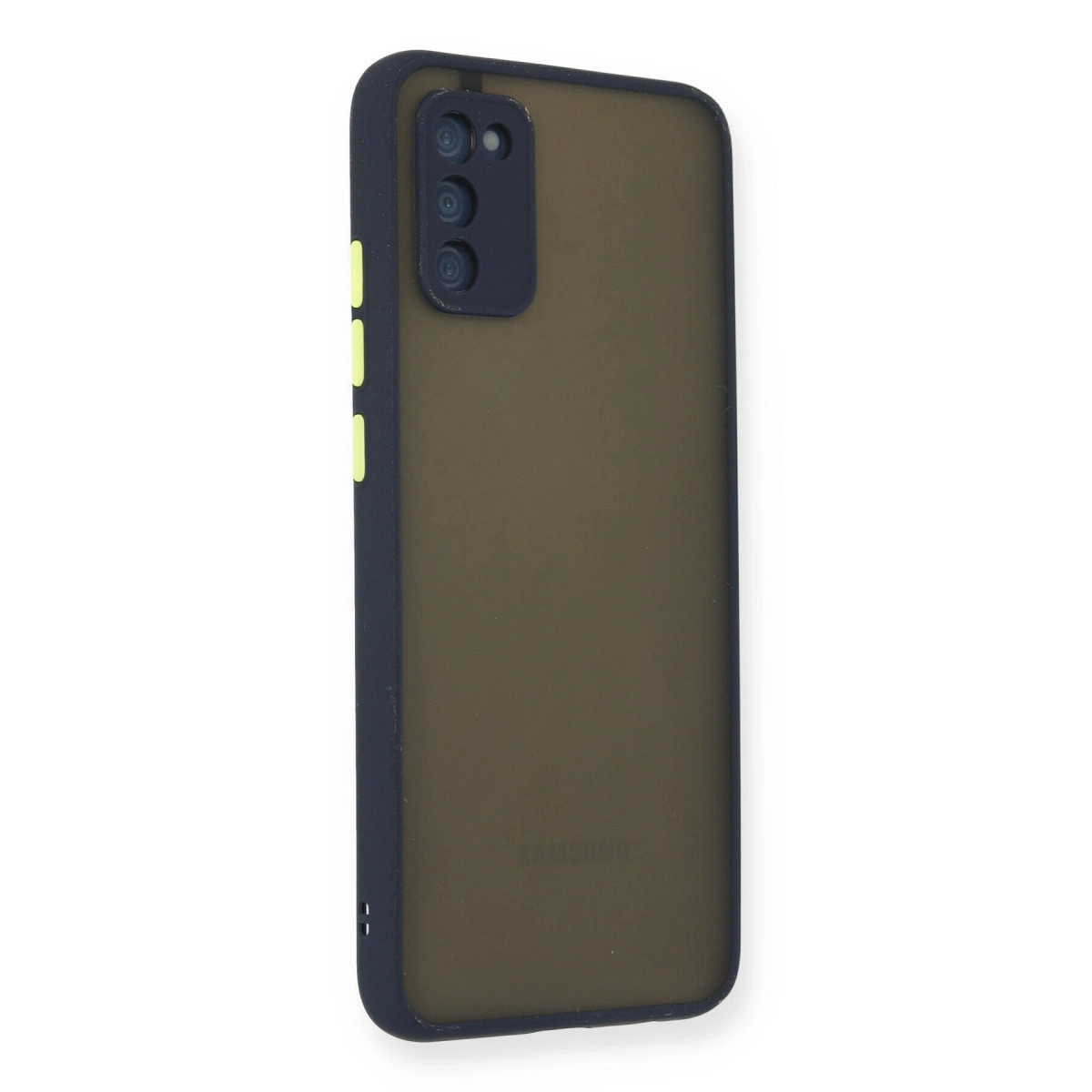Kamera oyuntulu, sarı düğmeli koyu gri telefon kılıfı.