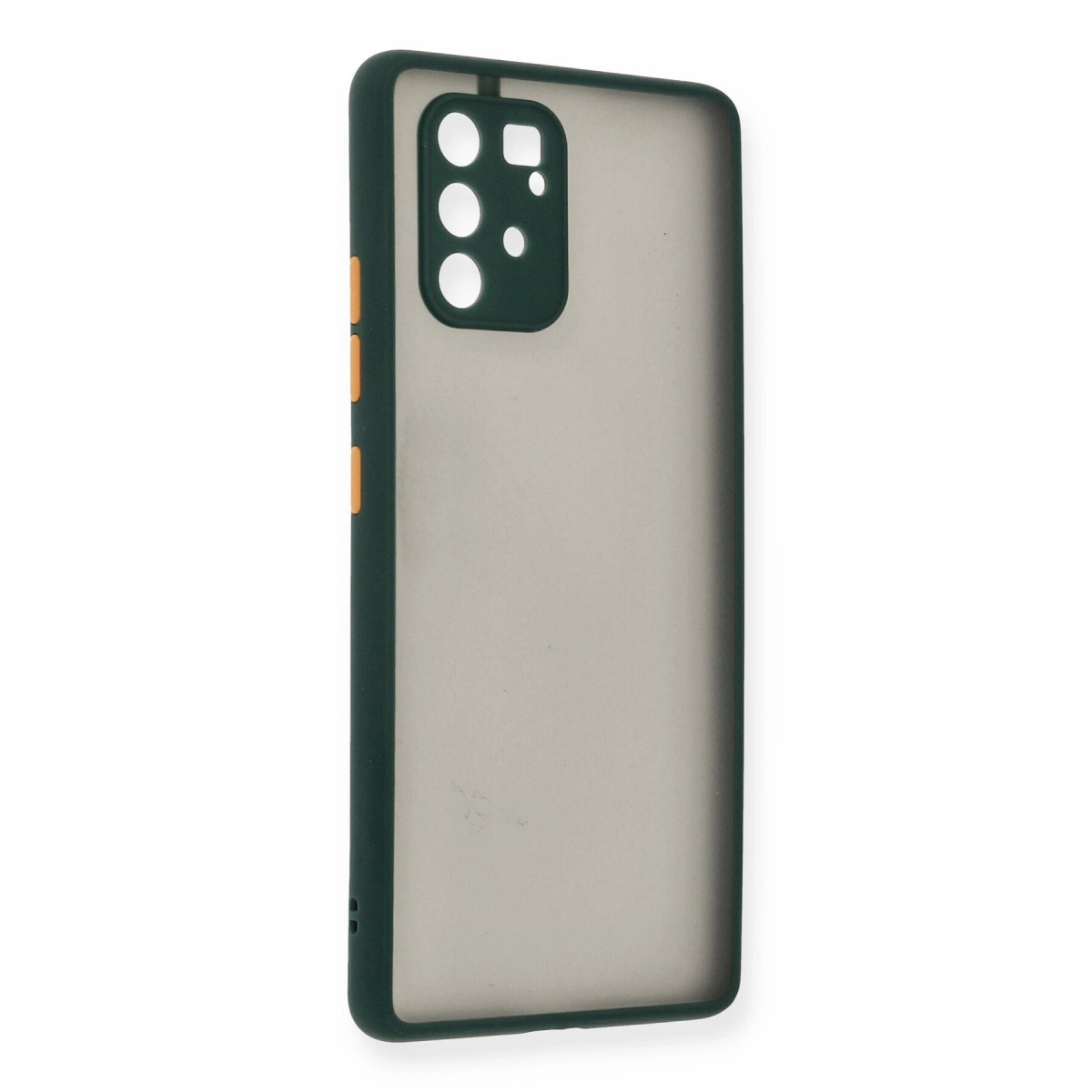 Yarı saydam arkalı ve kamera kesimli koyu yeşil telefon kılıfı.