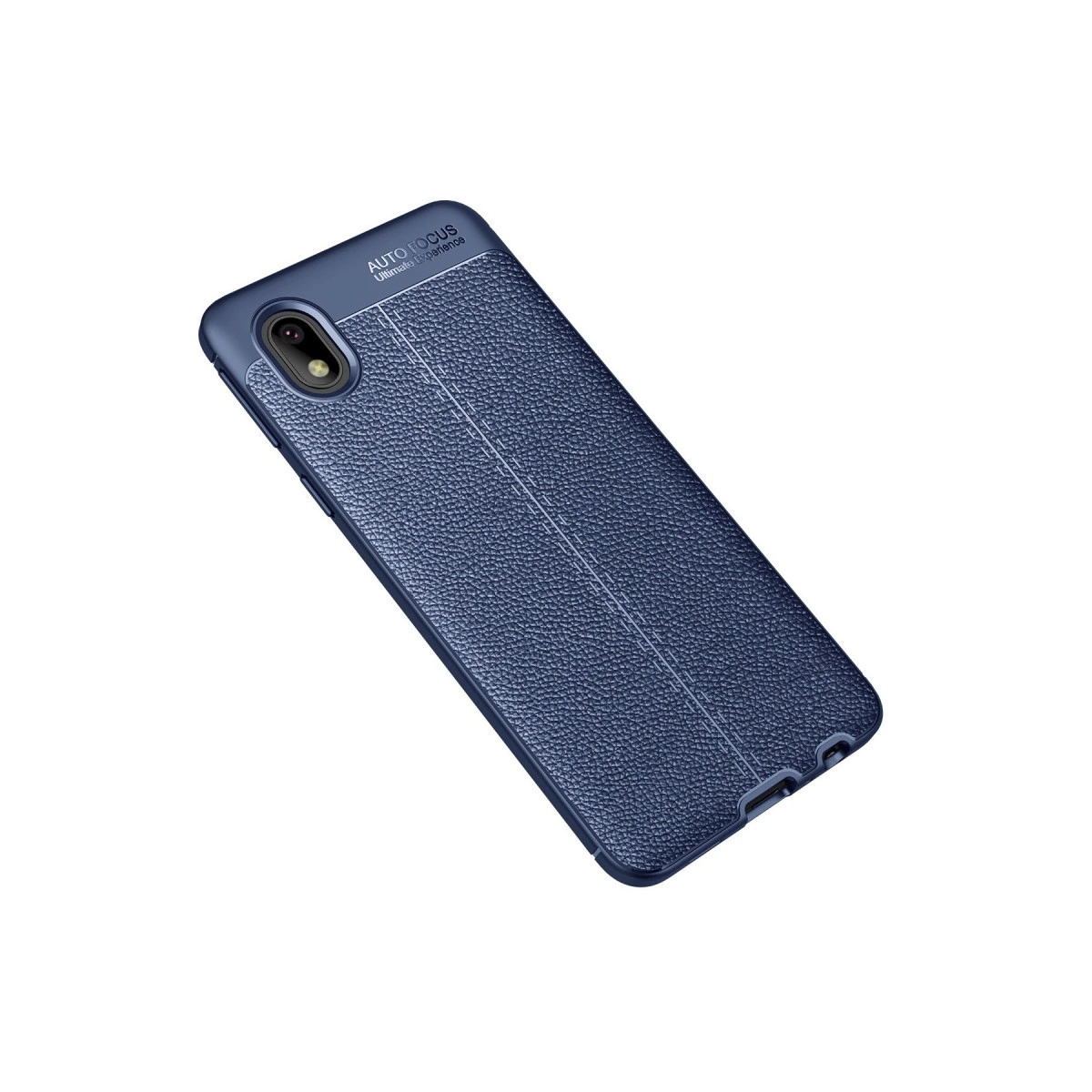 Doku kaplı arka yüzü ve görünür kamera lensi olan lacivert telefon.