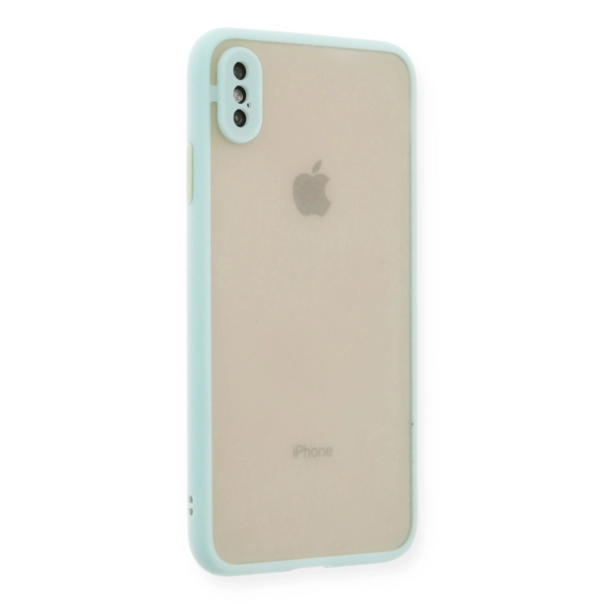 Şeffaf arka ve üç lensli açık mavi iPhone kılıfı.