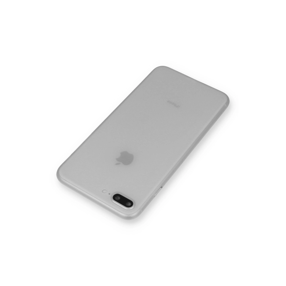 İki kameralı gri iPhone, Apple logosuyla beyaz zeminde duruyor.