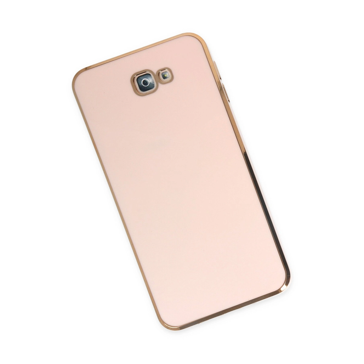 Altın çerçeveli, iki kameralı açık pembe akıllı telefon.