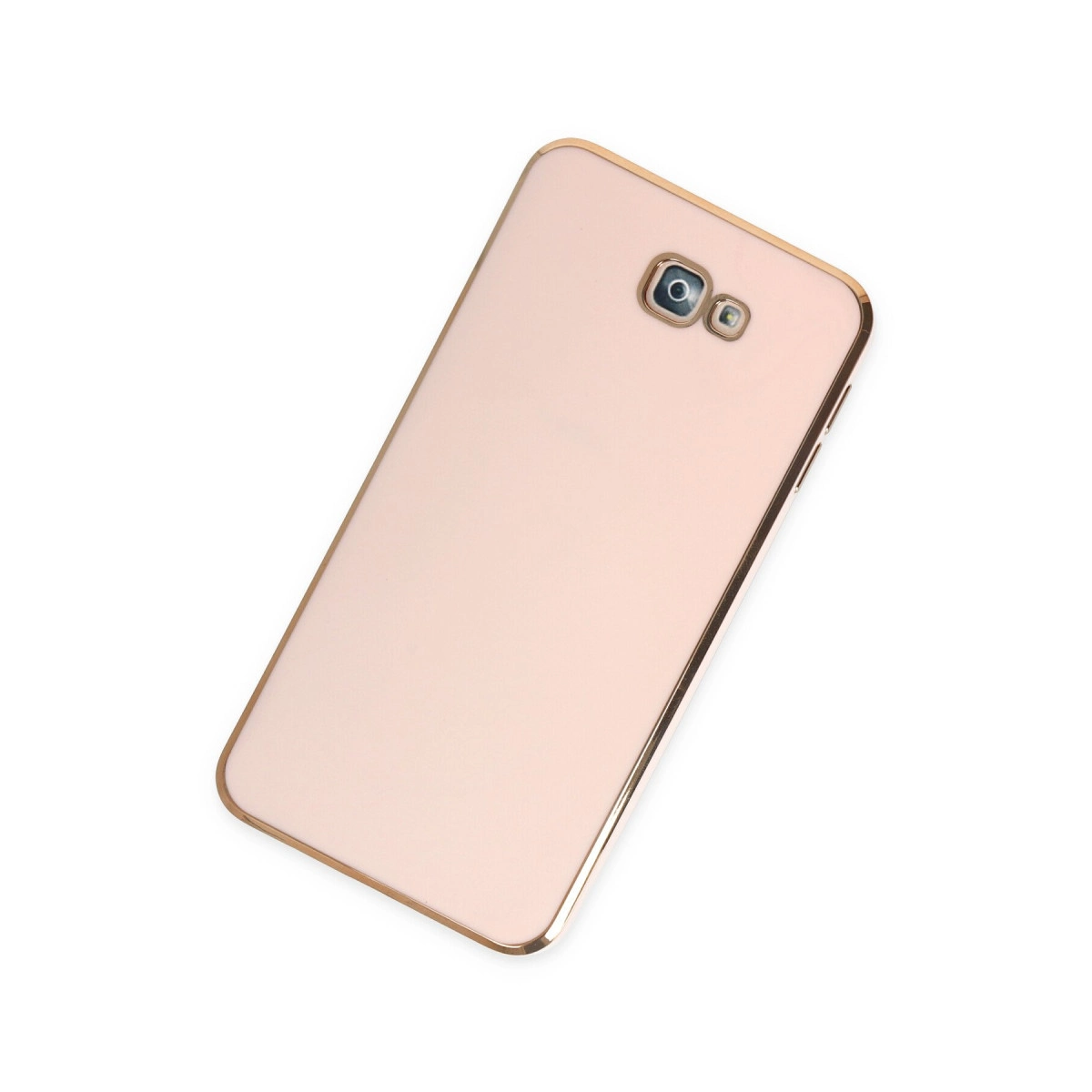 Kamera kesimi ve flaşlı, roze altın rengi telefon kılıfı.