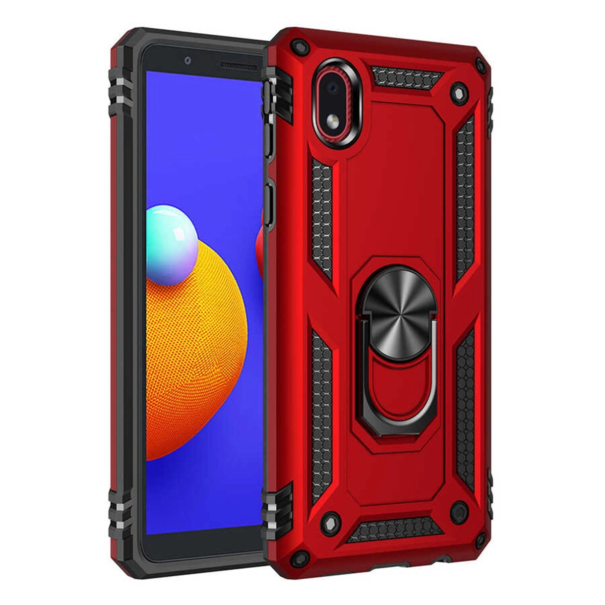 Halka tutuculu ve siyah çerçeveli kırmızı telefon kılıfı