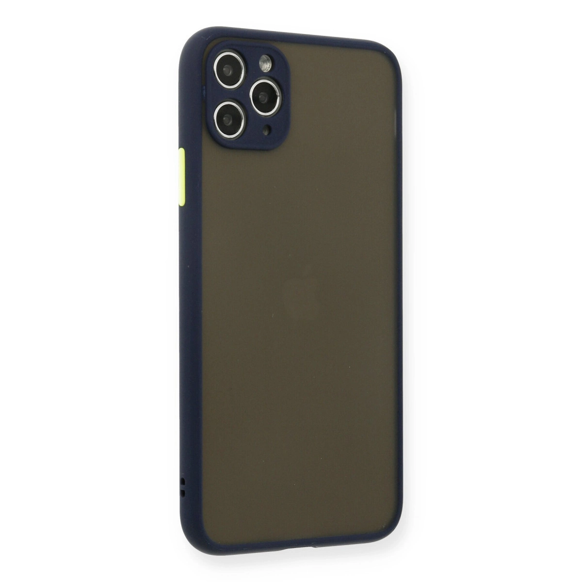 Koyu yeşil iPhone kılıfı, lacivert kenarlı ve kameralı.