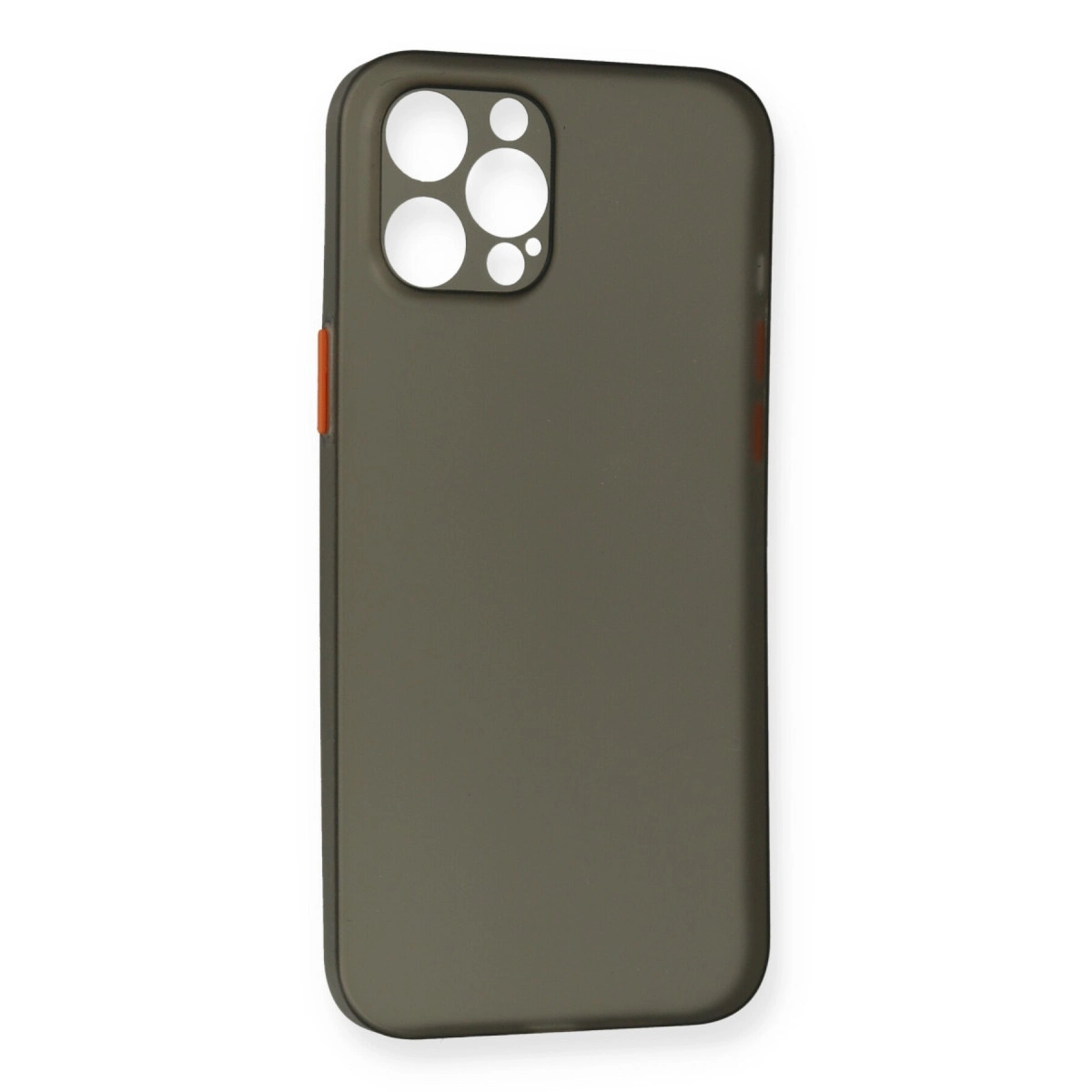 Dört kamera kesimli, turuncu vurgulu koyu gri telefon kılıfı.