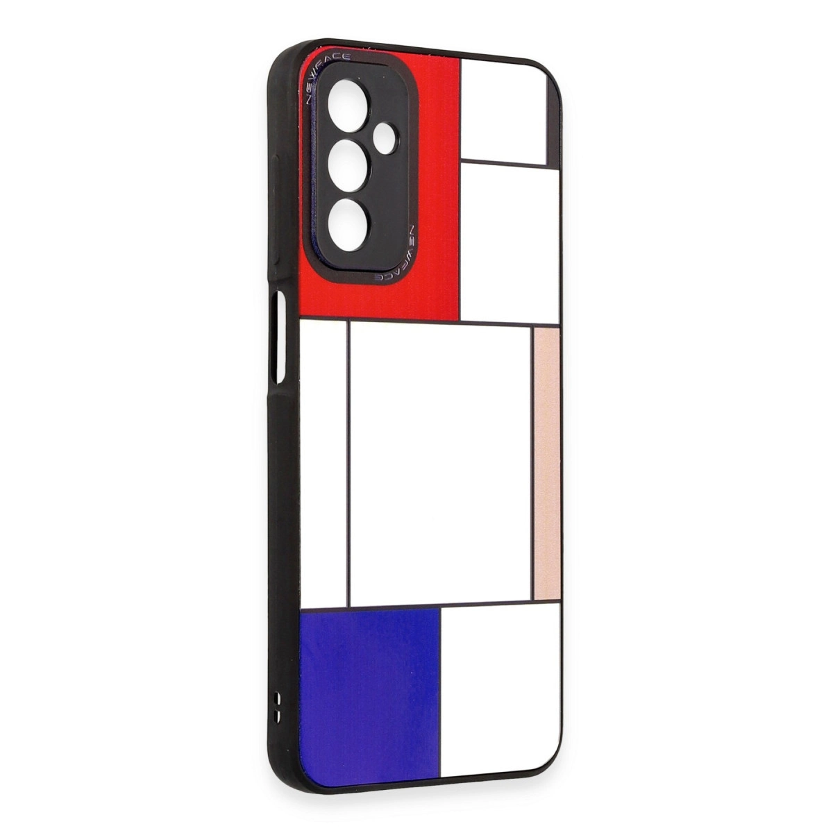 Kırmızı, mavi, beyaz ve bej Mondrian tasarımlı siyah telefon kılıfı.