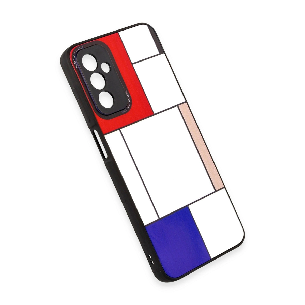 Kırmızı, mavi ve beyaz geometrik desenli telefon kılıfı.