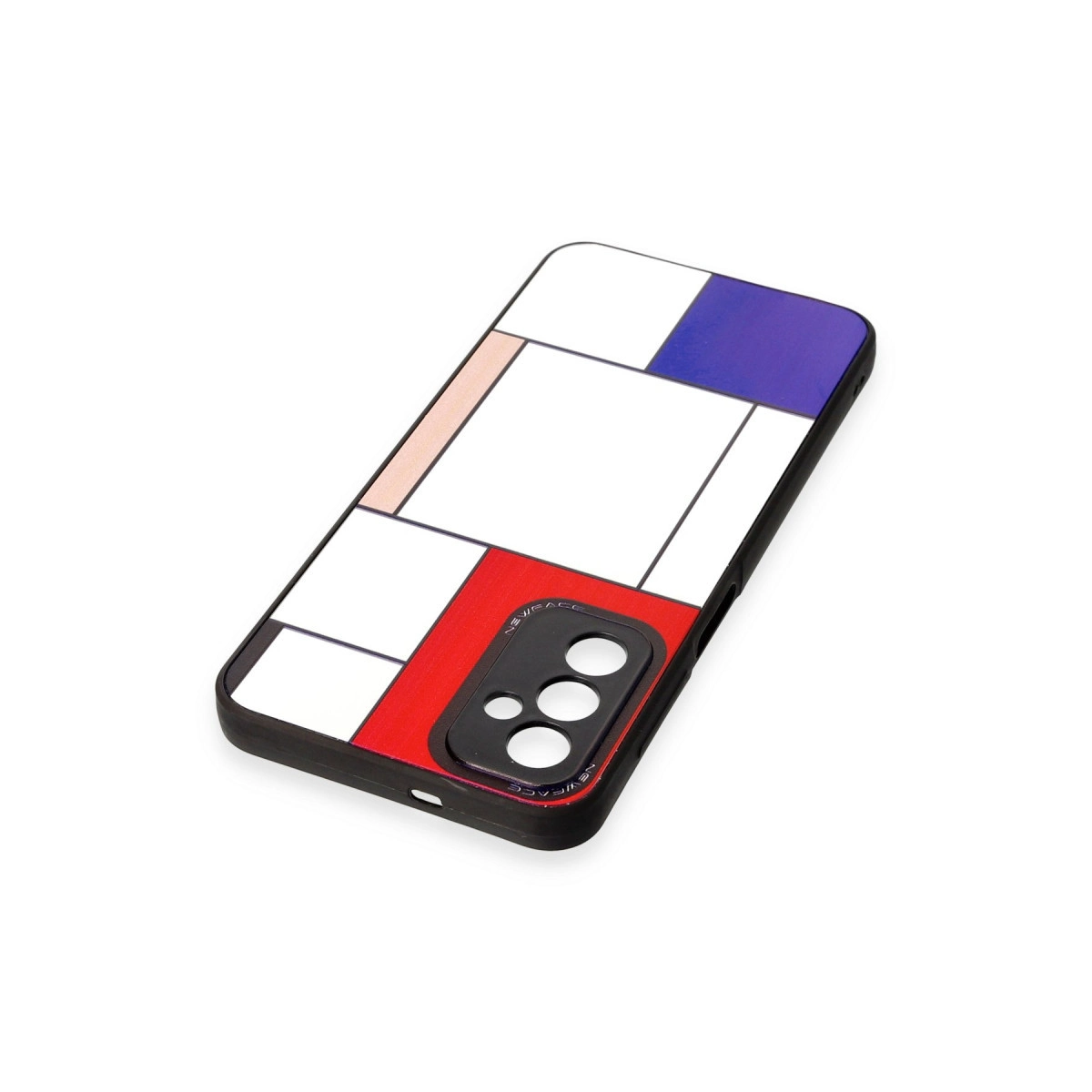 Kırmızı, mavi ve beyaz dikdörtgenlerden oluşan Mondrian tarzı desenli siyah telefon kılıfı.