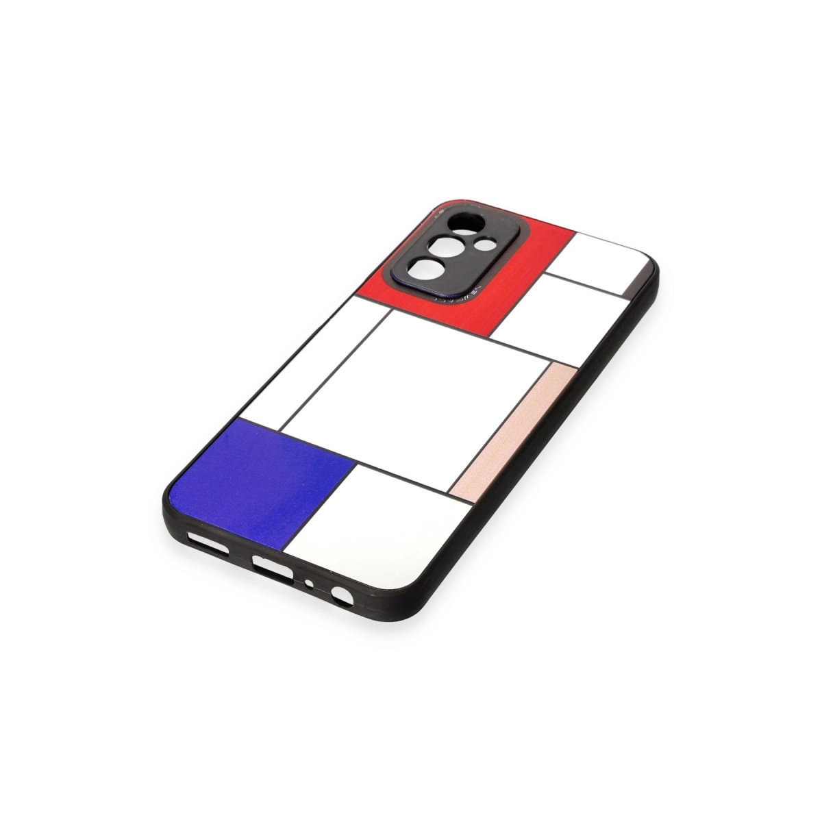 Mondrian tasarımlı telefon kılıfı: beyaz, mavi ve kırmızı dikdörtgenler ve çizgiler.