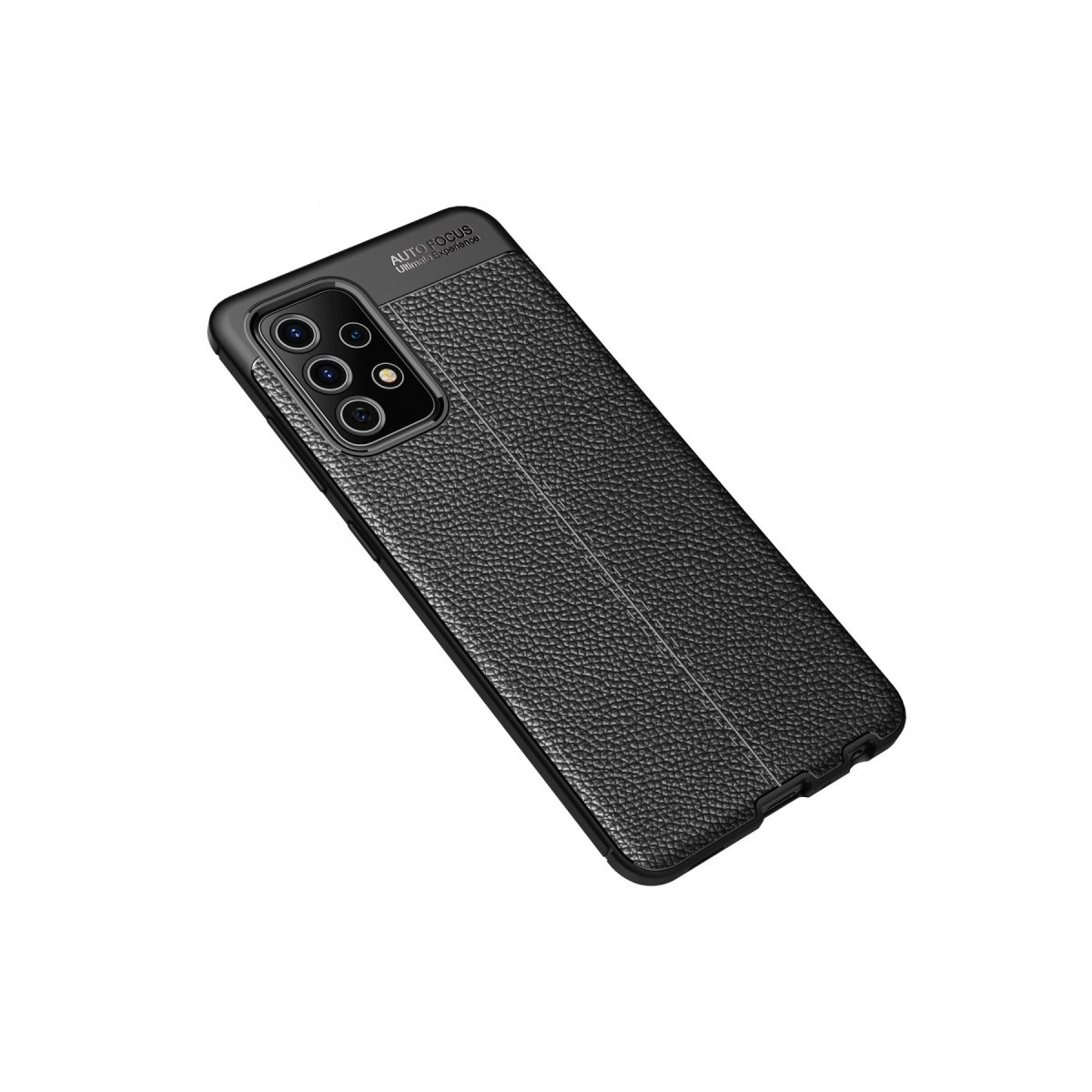 Dörtlü kamera kurulumlu, dokulu deri görünümlü siyah telefon kılıfı.