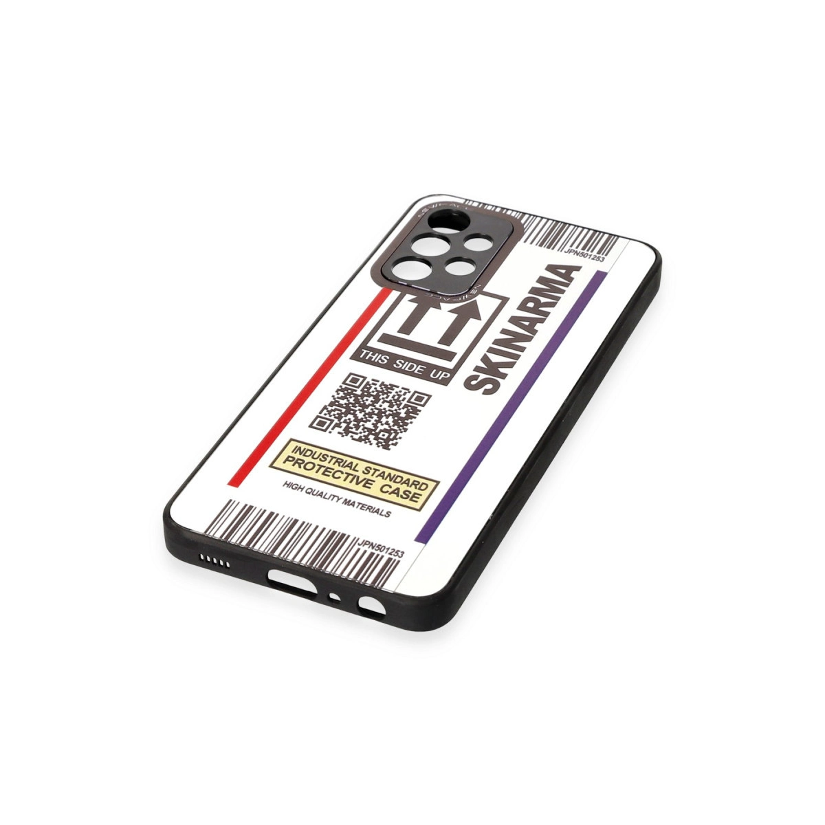 Oklar, QR kodu ve metin baskılı siyah telefon kılıfı.