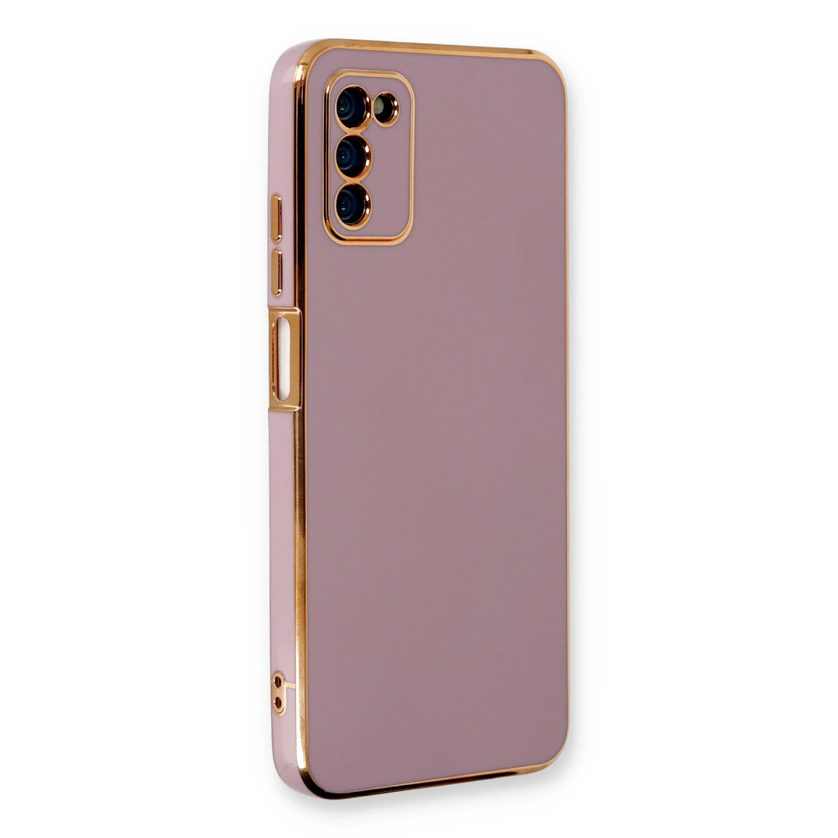 Üç kameralı, altın çerçeveli, leylak rengi telefon kılıfı.