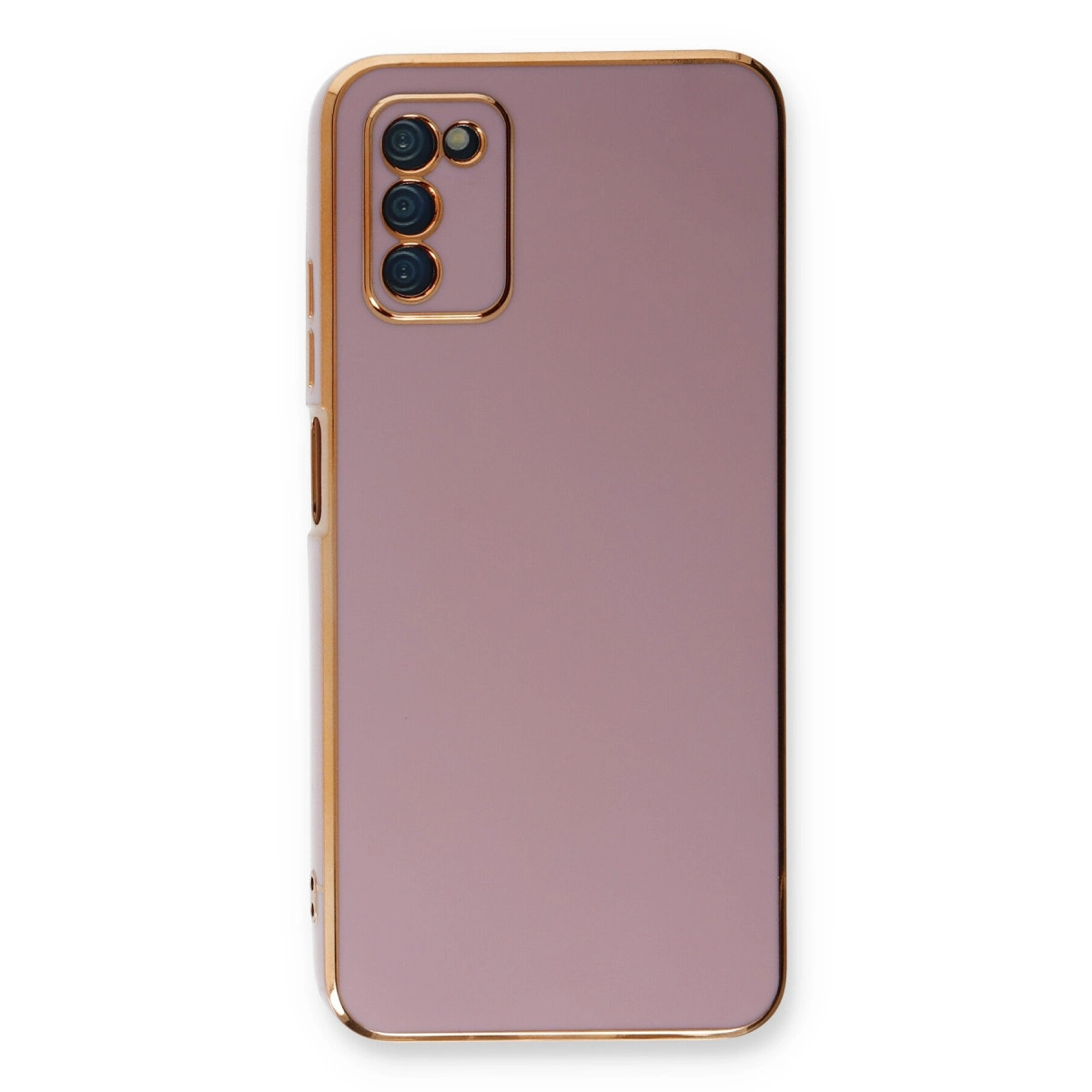 Üçlü kamerası ve altın çerçevesi olan mor telefon kılıfı, beyaz arka plan.