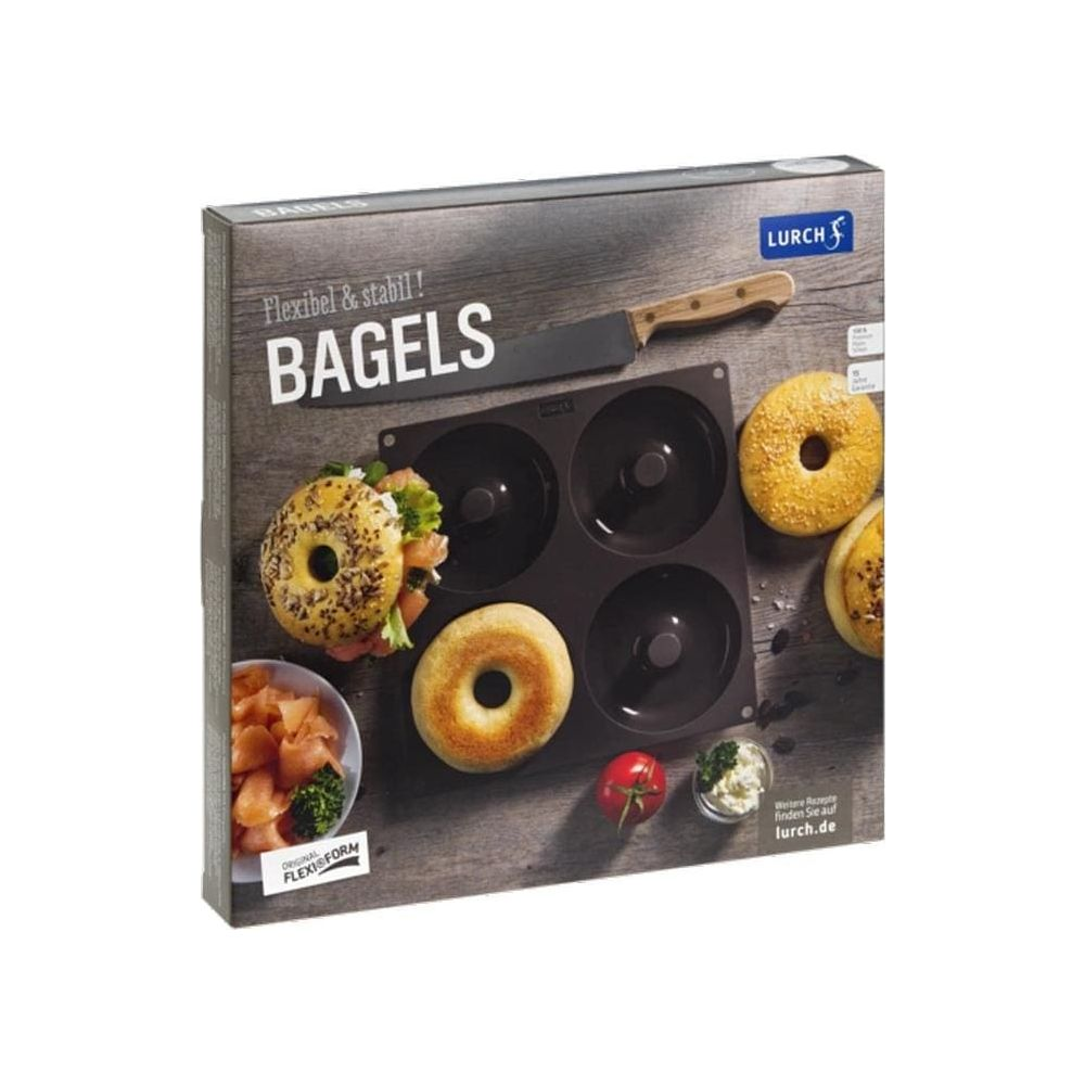 Verpackung für eine Bagelbackform mit Bagels, Lachs und Tomate.