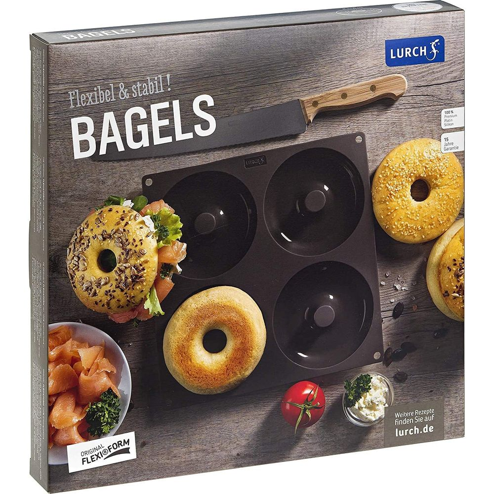 Verpackung für Bagel-Backform mit Bagels, Lachs, Kirschtomate und Frischkäse.