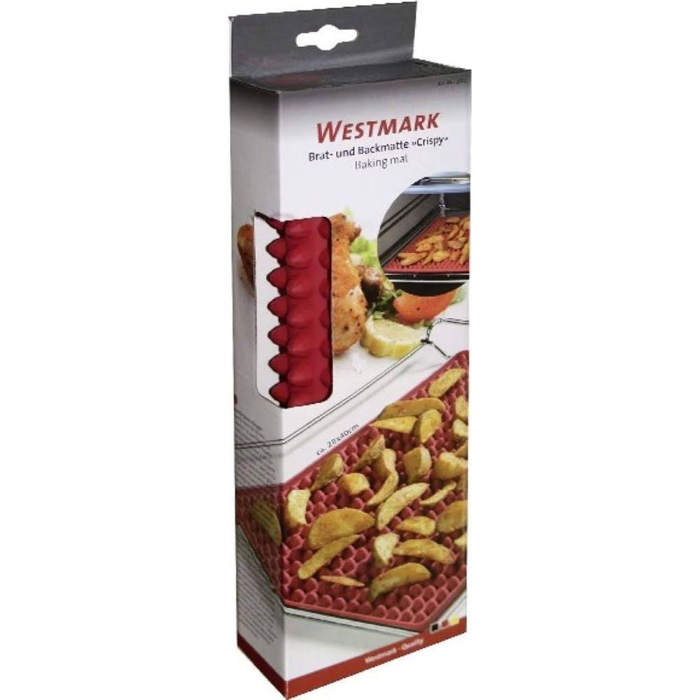 Emballage pour un tapis de cuisson rouge avec quartiers de pommes de terre et poulet.
