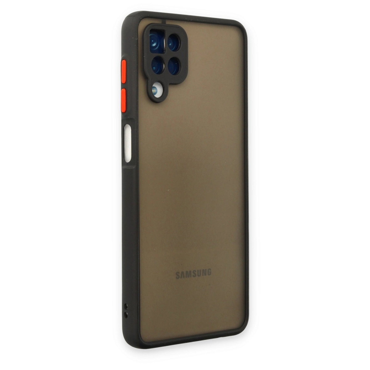 Siyah telefon kılıfı, dumanlı arka yüzü, kamera kesimi ve Samsung logosu.