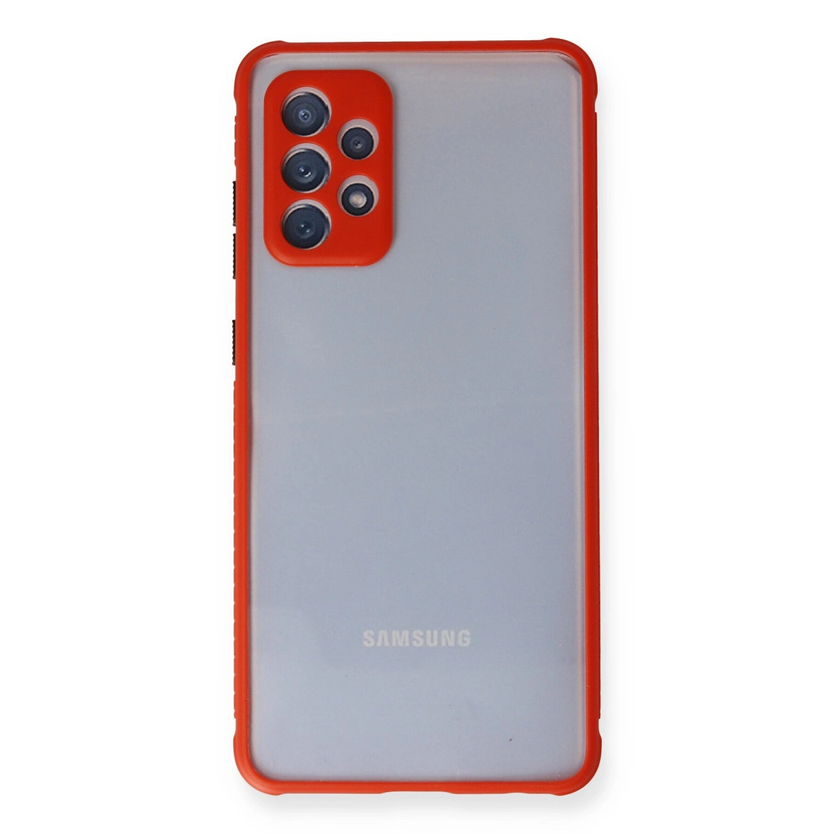Samsung telefon için şeffaf arka kapaklı kırmızı kılıf, kamera modüllü.