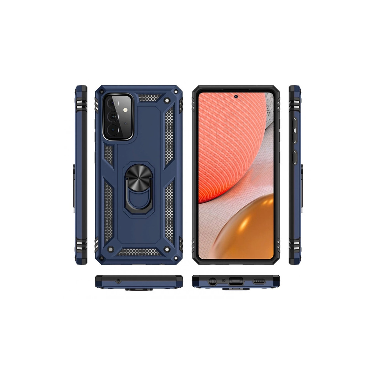 Halka tutuculu lacivert telefon kılıfı ve ekran görünümü.