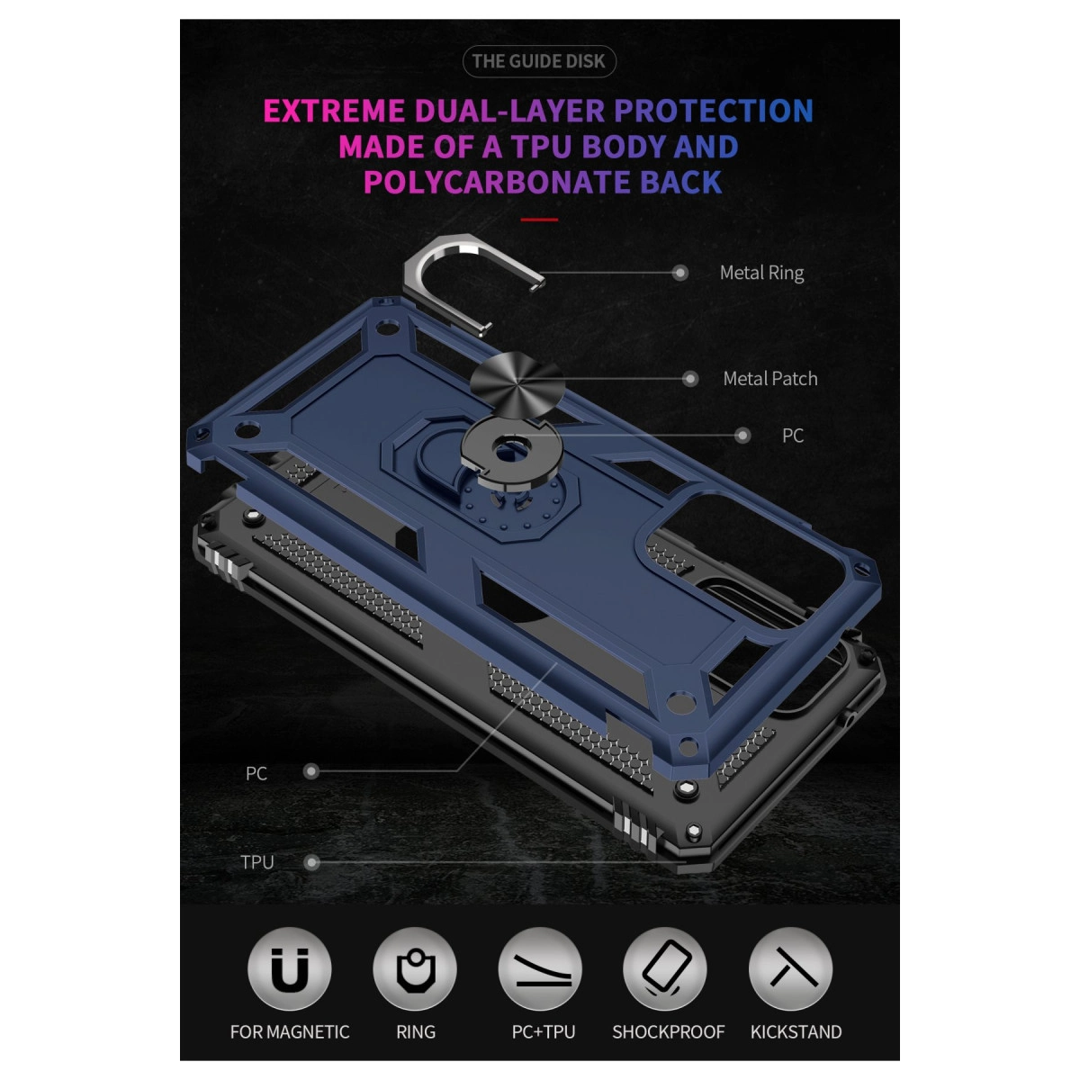 Metal halkalı ve stantlı mavi telefon kılıfının patlatılmış görünümü.