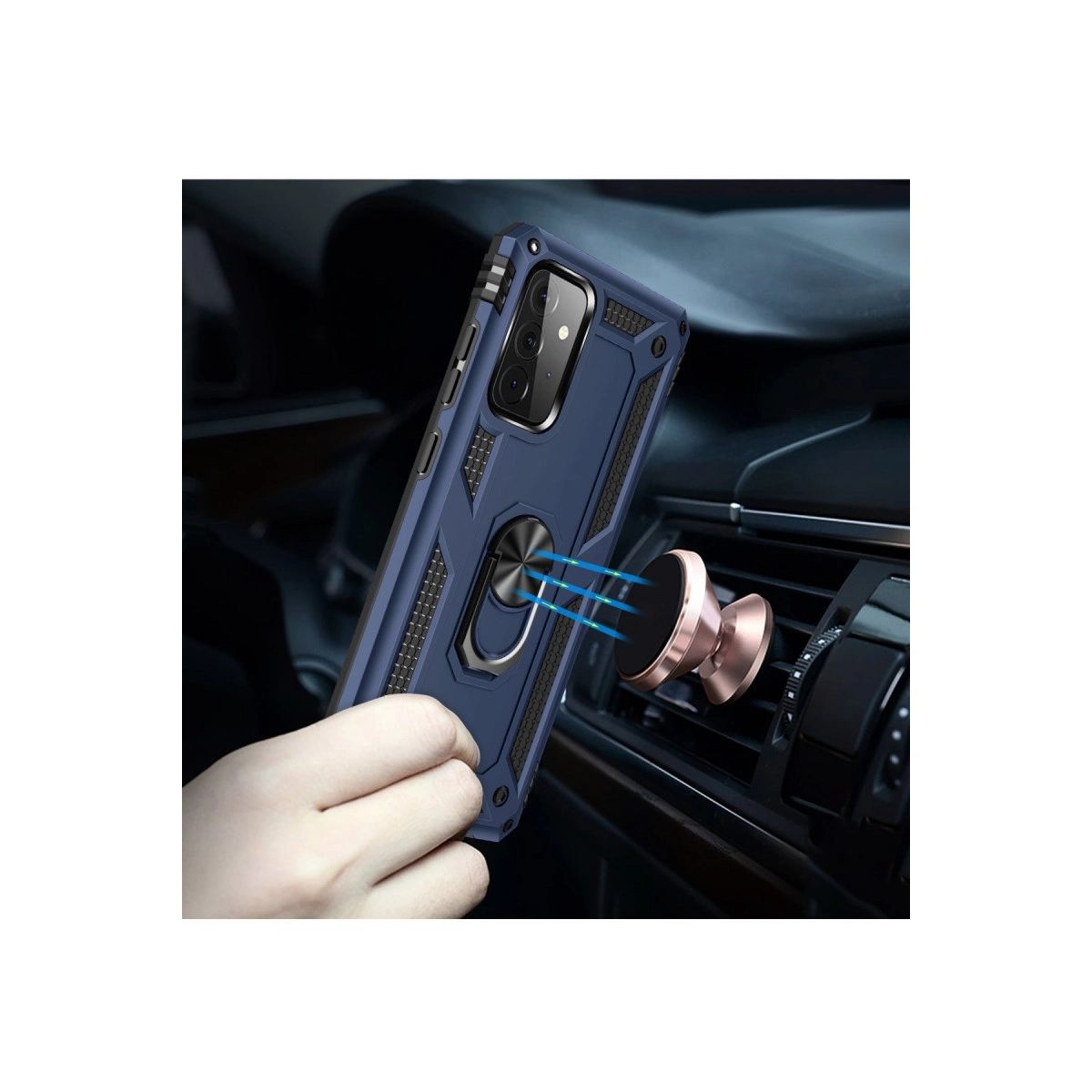 Halka tutuculu mavi telefon kılıfı manyetik araç tutucusuna takılıdır.
