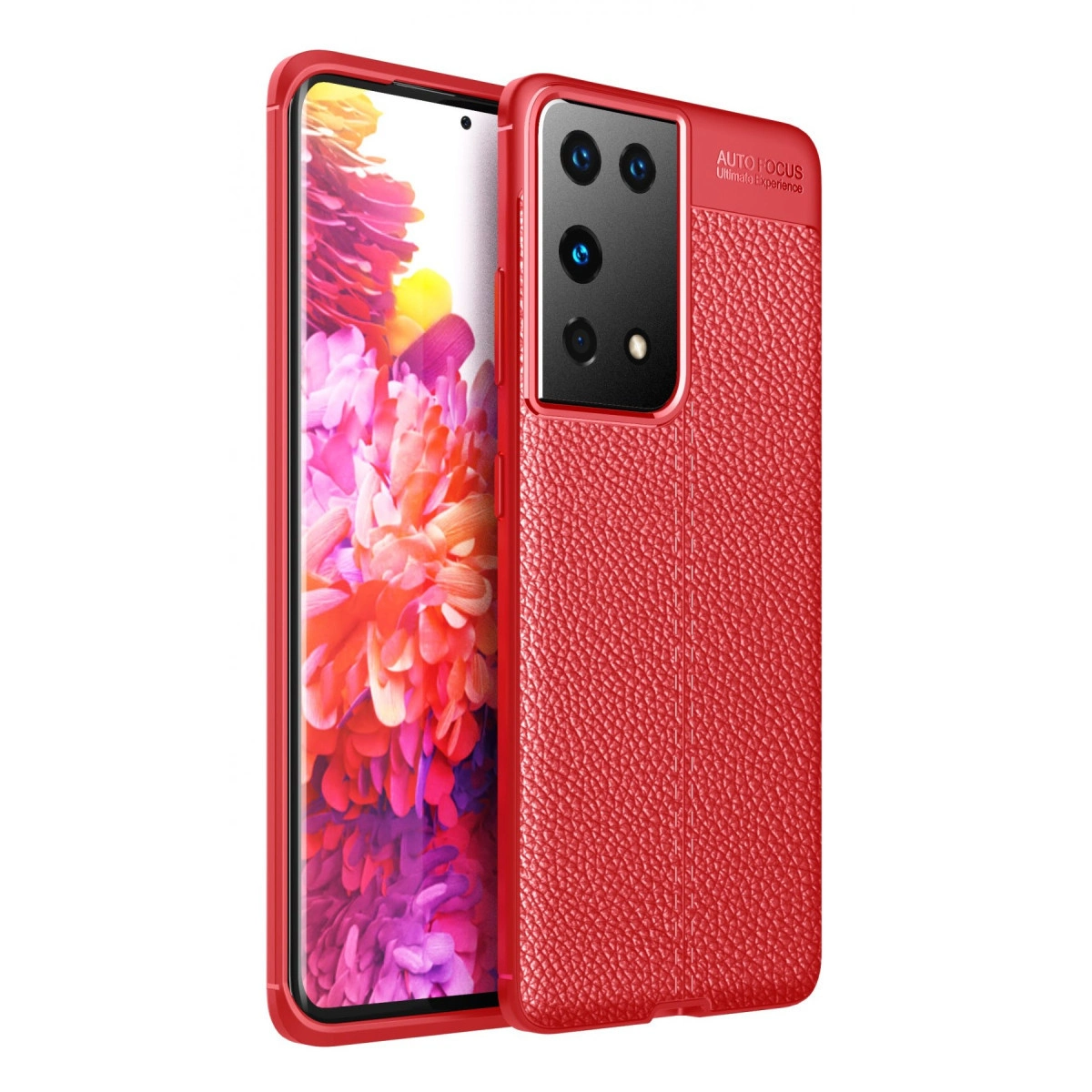 Doku derili kılıflı kırmızı cep telefonu ve ekranda çiçekli duvar kağıdı.