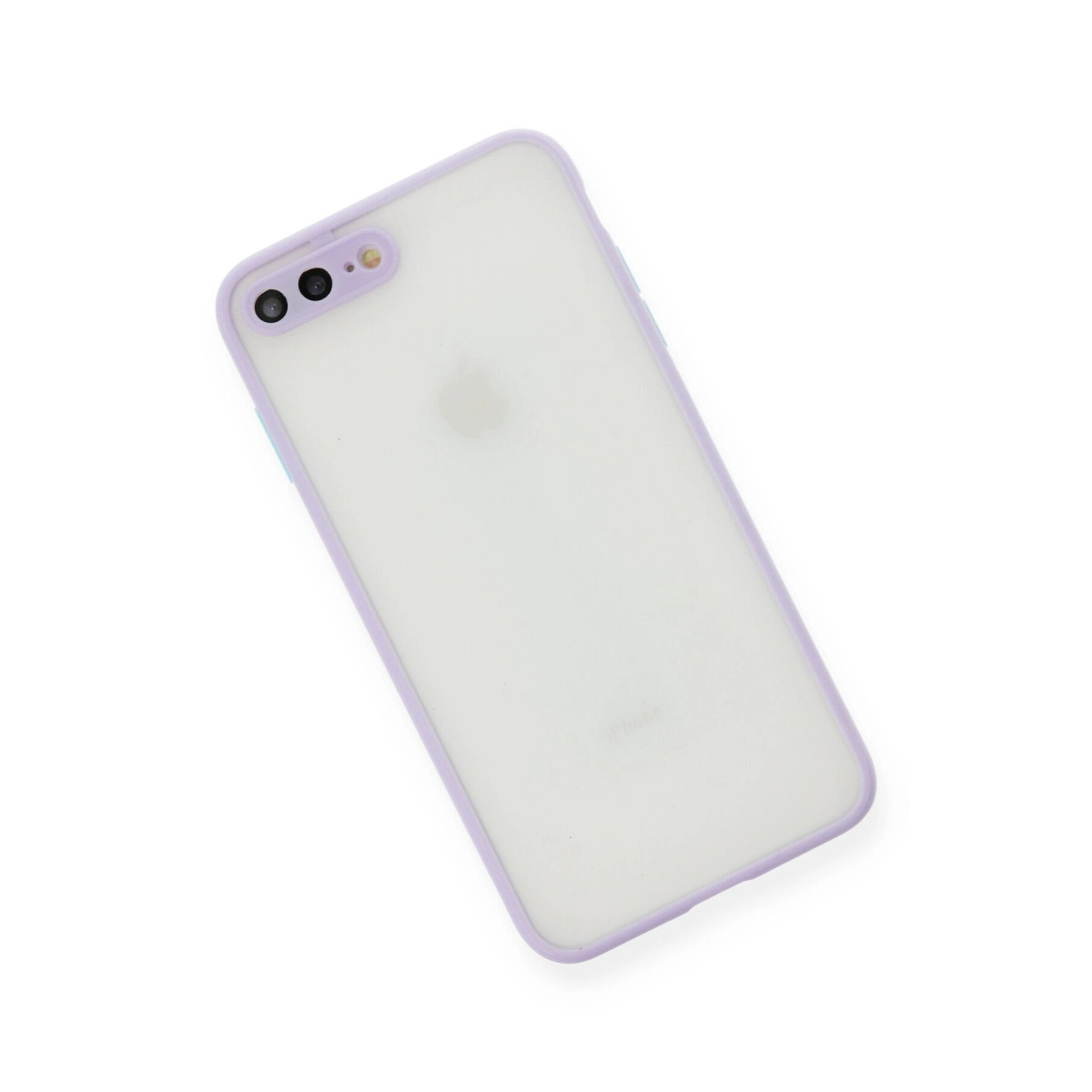 Mor çerçeveli ve çift kameralı şeffaf iPhone, beyaz üzerinde izole edilmiş.