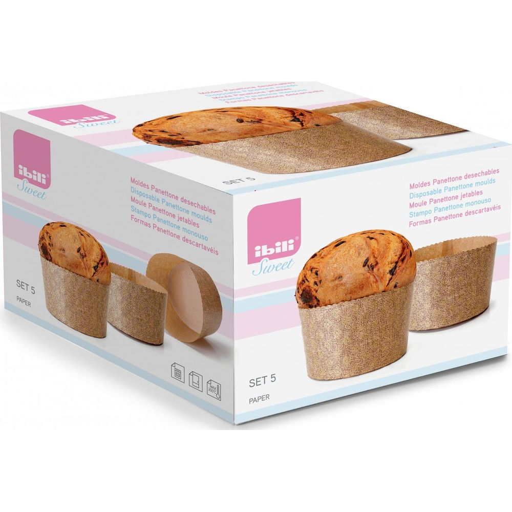 Packung mit 5 Einweg-Panettone-Formen aus Papier, eine mit Panettone.